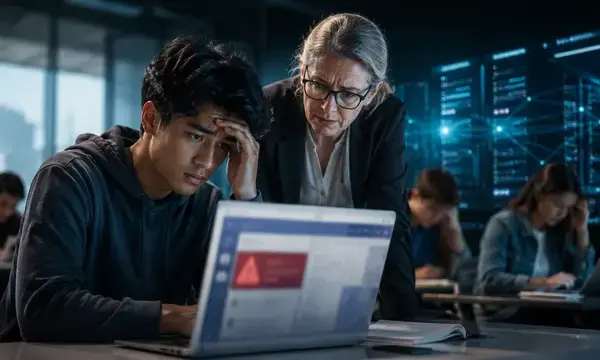 Mahasiswa dan dosen menatap laptop saat gangguan siber menyerang platform pembelajaran digital.