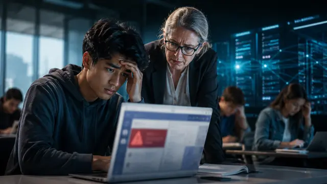 Mahasiswa dan dosen menatap laptop saat gangguan siber menyerang platform pembelajaran digital.