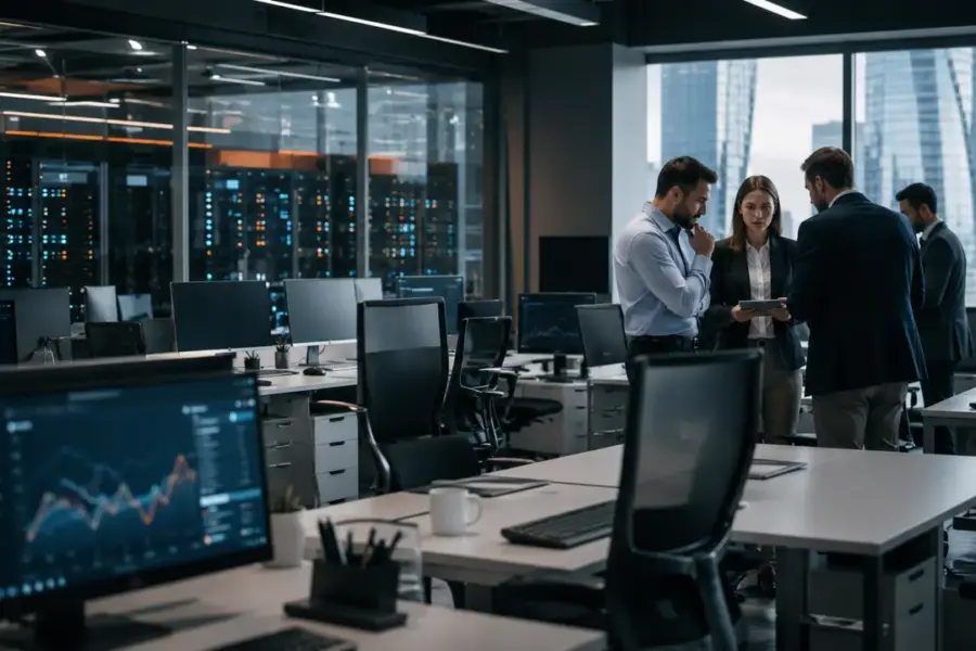 Suasana kantor perusahaan teknologi modern dengan meja kerja sebagian kosong dan staf berdiskusi, menggambarkan restrukturisasi Cloudflare akibat adopsi AI.