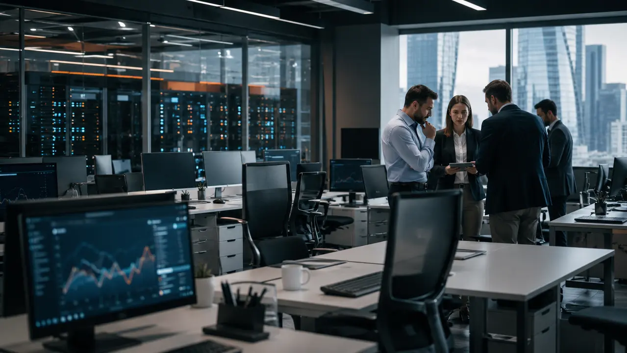 Suasana kantor perusahaan teknologi modern dengan meja kerja sebagian kosong dan staf berdiskusi, menggambarkan restrukturisasi Cloudflare akibat adopsi AI.